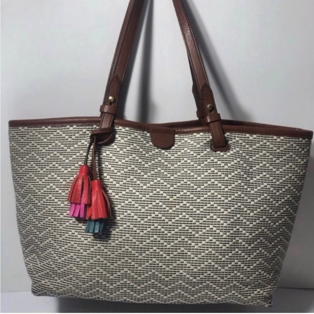 Fossil Brown and Cream Tassel Tote Bag.